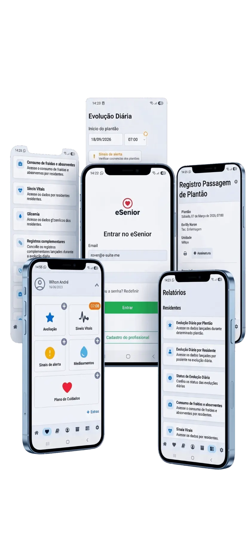 Telas do aplicativo We Take Care: evolução diária, sinais vitais, medicações e passagem de plantão