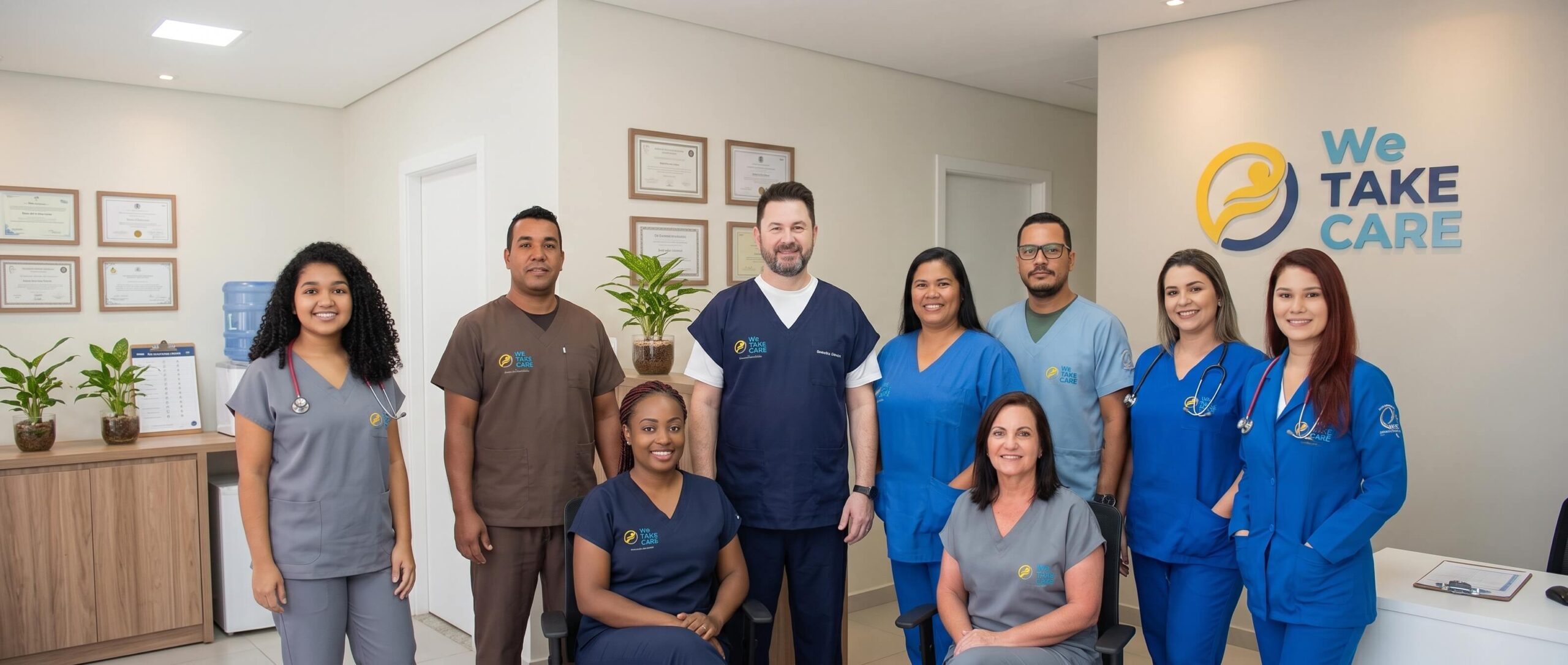 Equipe de cuidadores, técnicos de enfermagem e enfermeiros da We Take Care, em Campinas