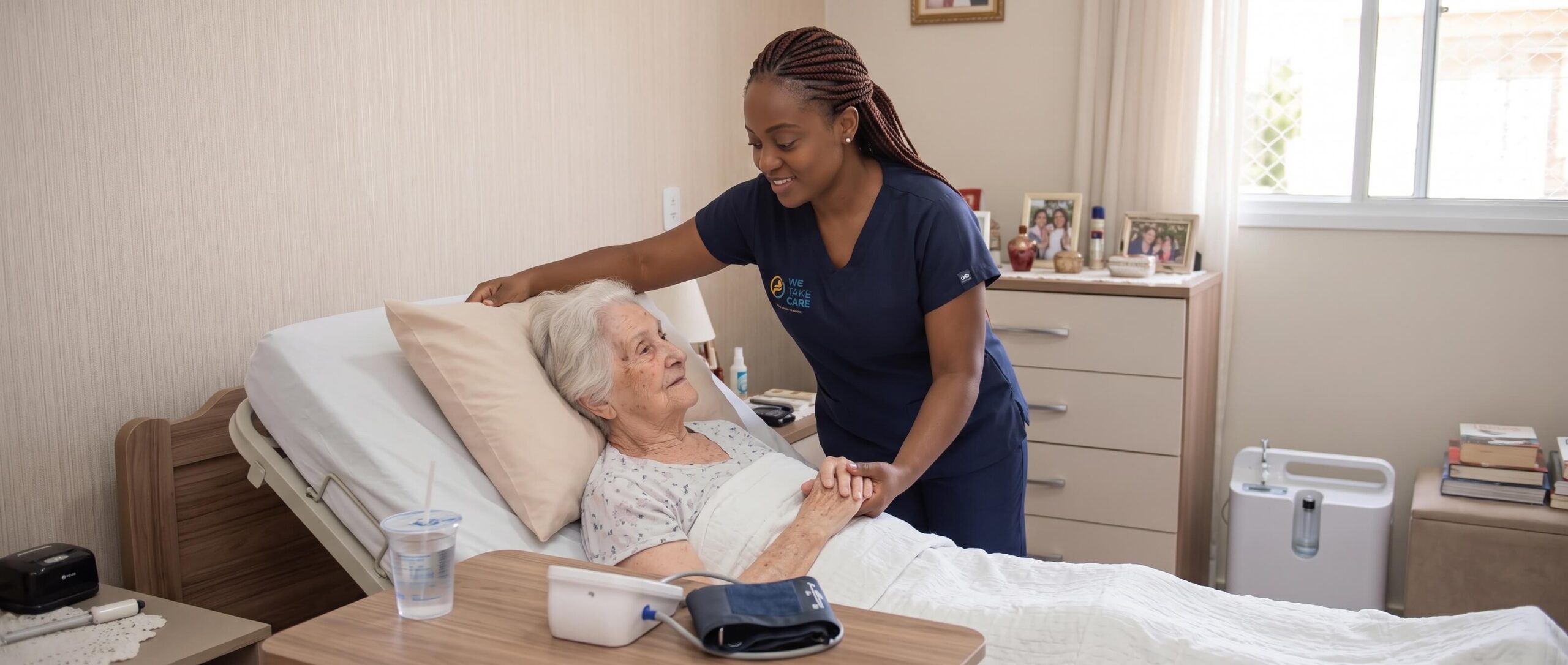 Cuidadora da We Take Care com paciente idosa em casa